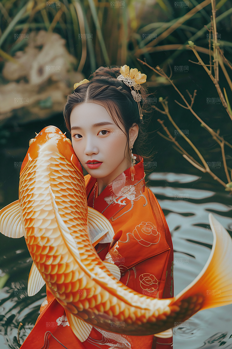 锦鲤汉服美女传统金鱼素材