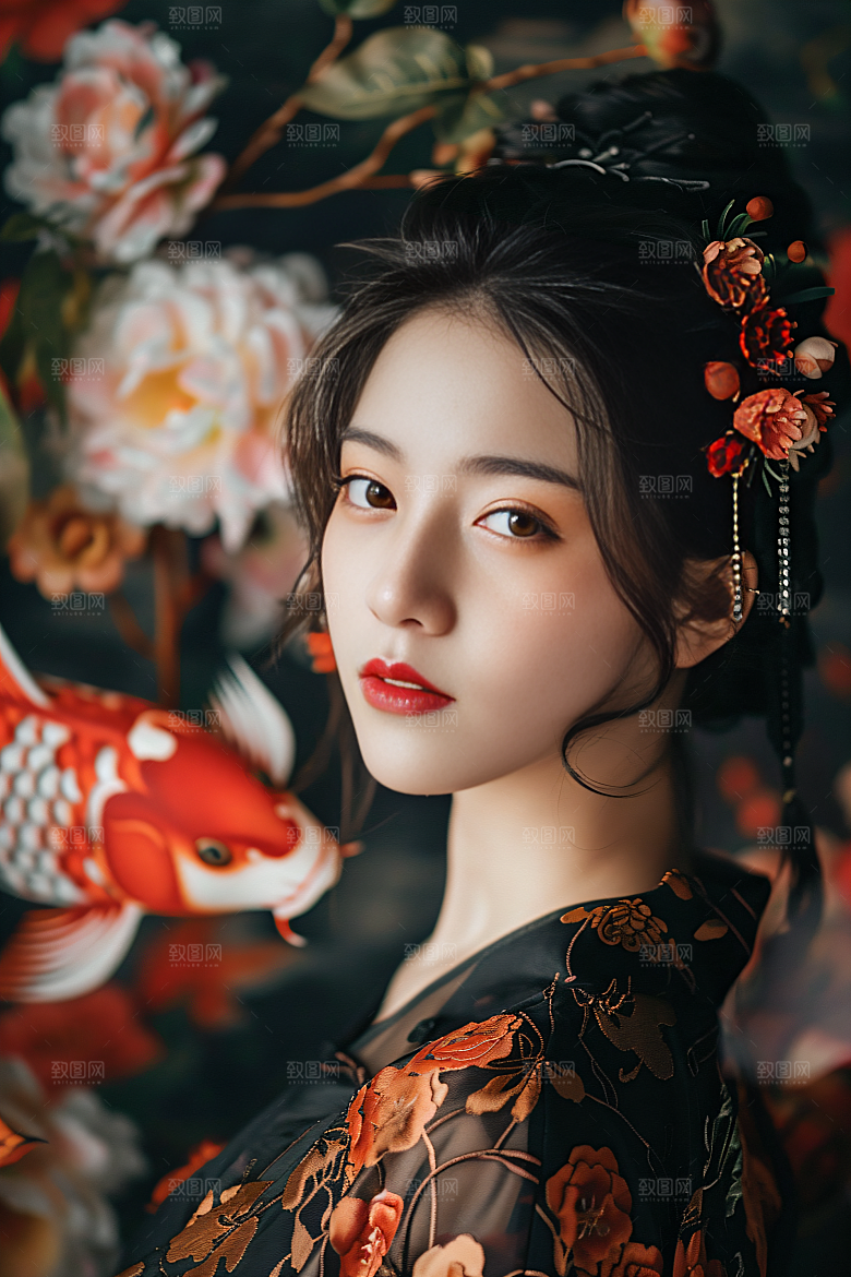 锦鲤汉服美女精致唯美素材