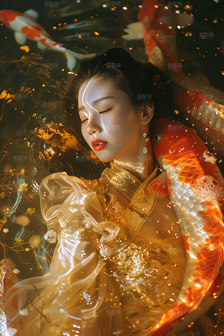 锦鲤汉服美女吉祥精致素材