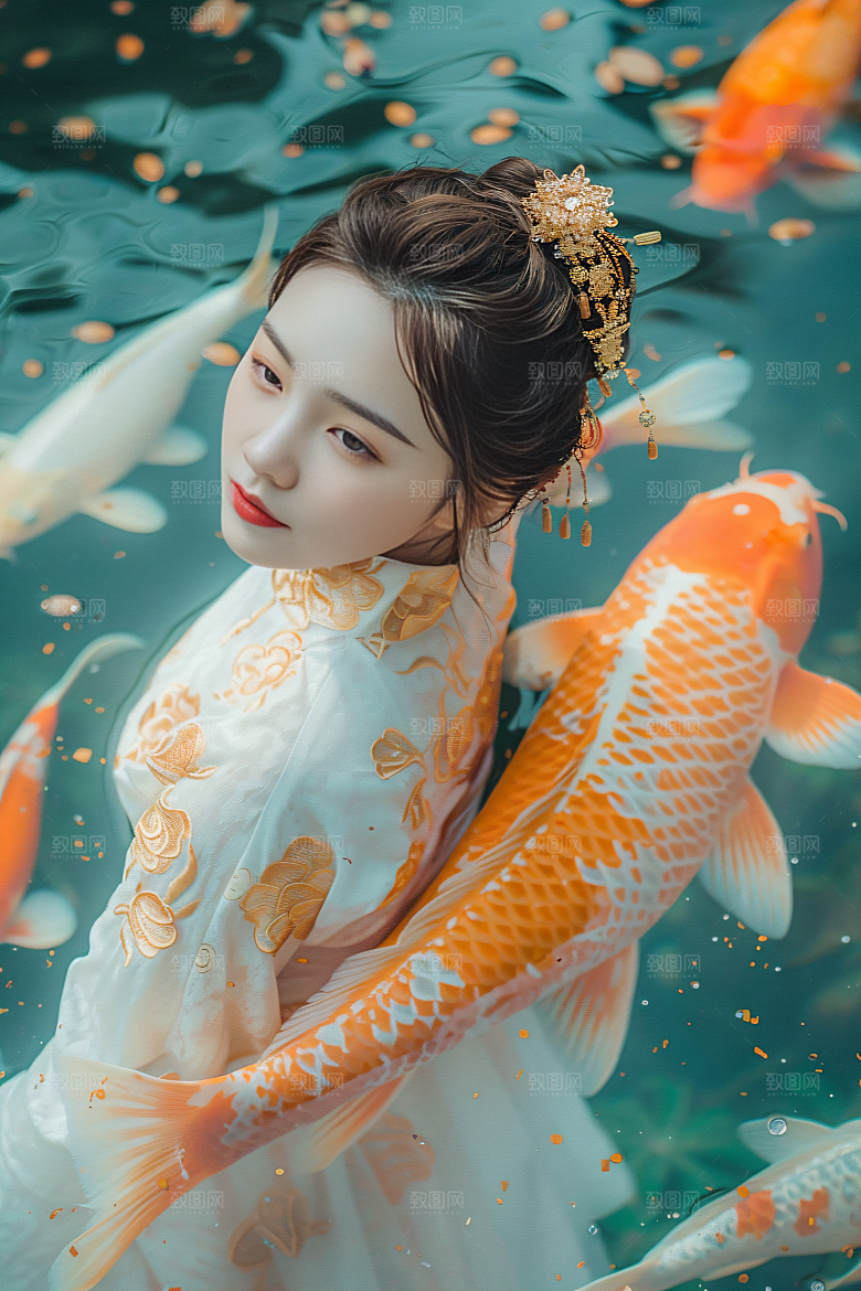 锦鲤汉服美女中国风肖像素材