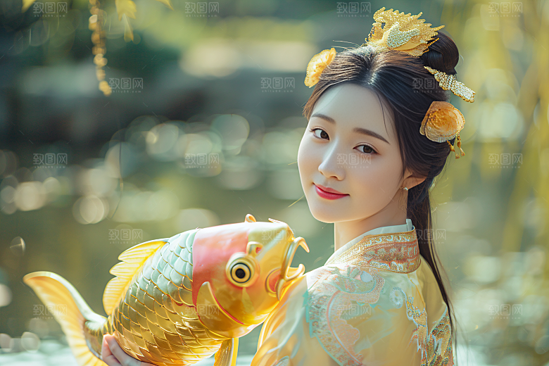 锦鲤汉服美女精致吉祥素材