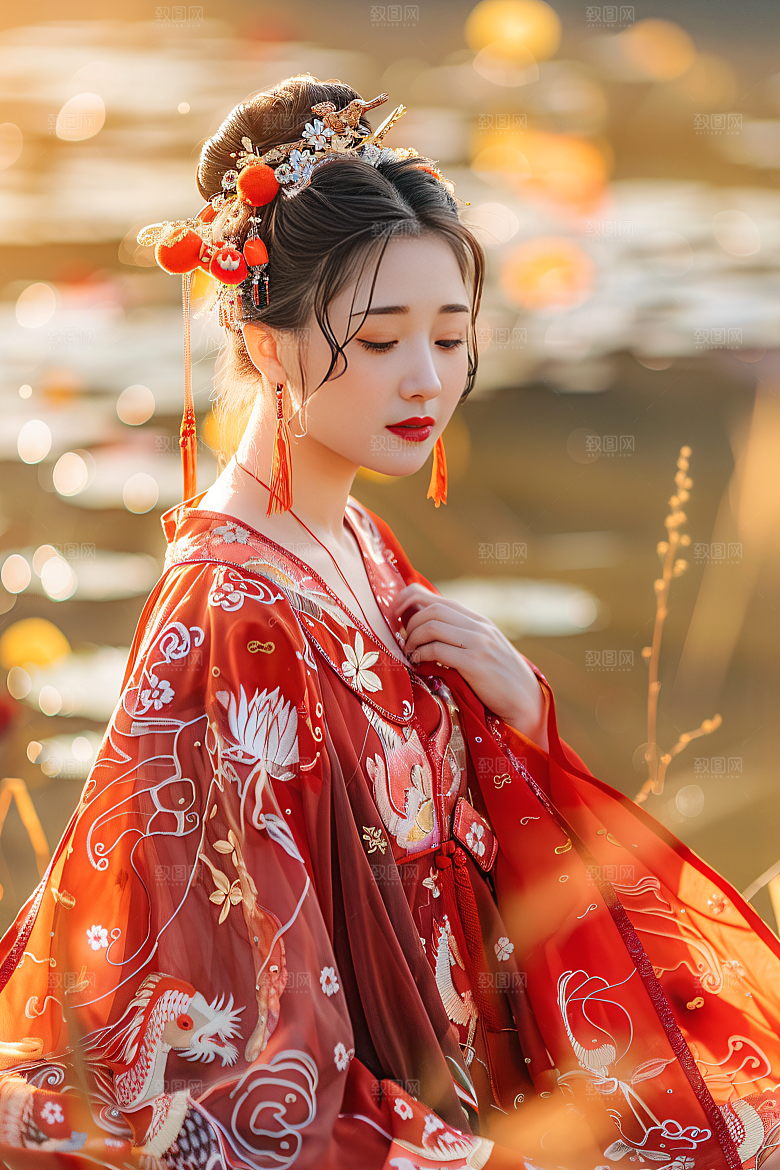 锦鲤汉服美女古风精致素材