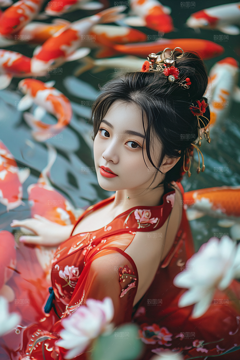 锦鲤汉服美女金鱼传统素材