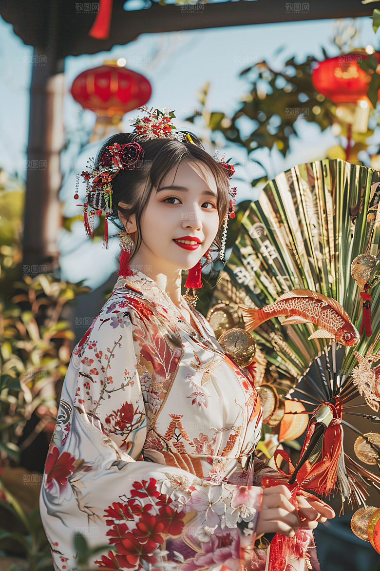 锦鲤汉服美女传统肖像素材