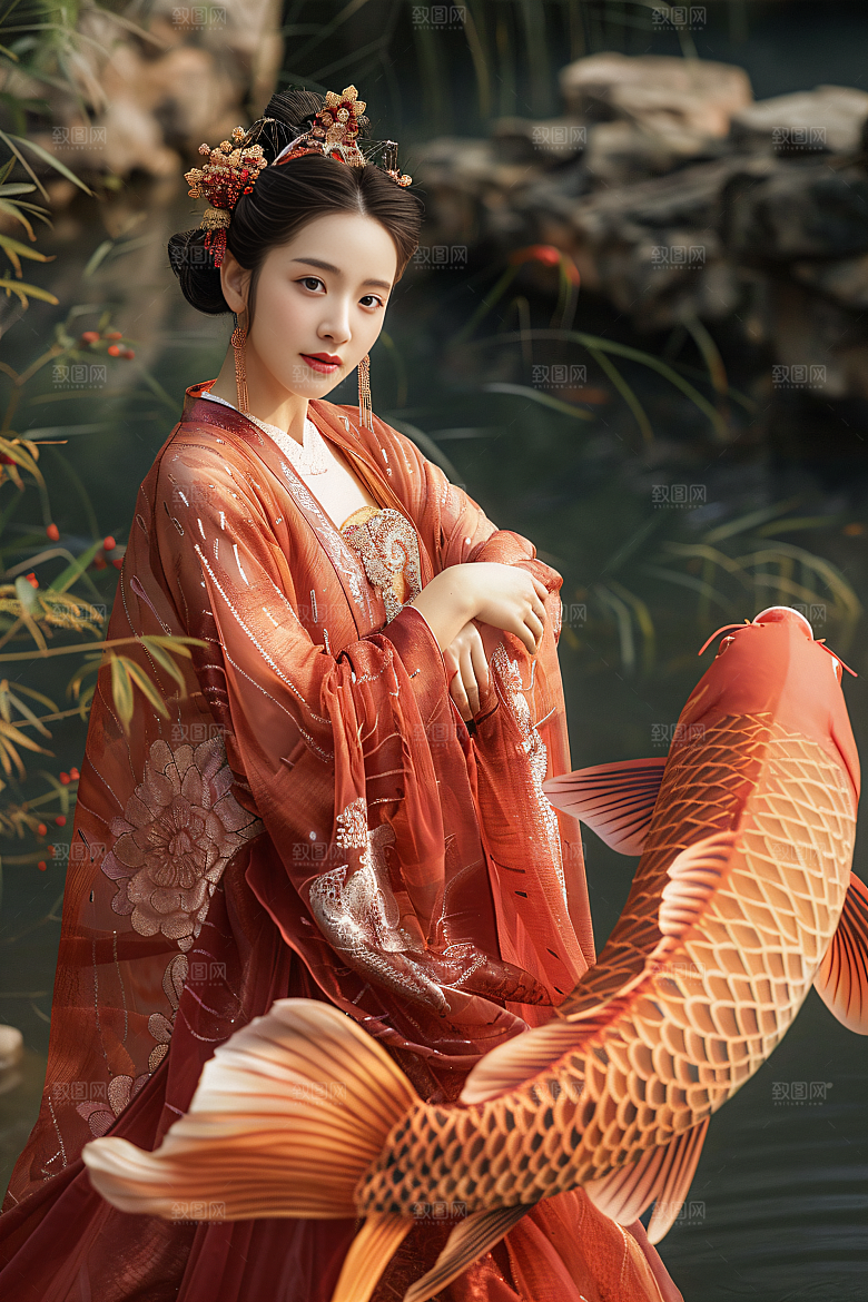 锦鲤汉服美女中国风吉祥素材