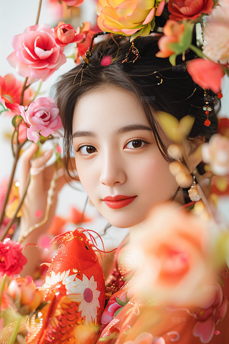 锦鲤汉服美女唯美古风素材