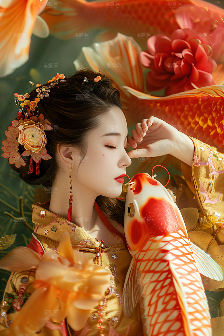 锦鲤汉服美女唯美肖像素材