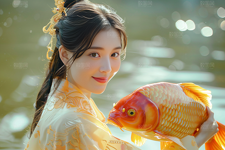 锦鲤汉服美女中国风古风素材