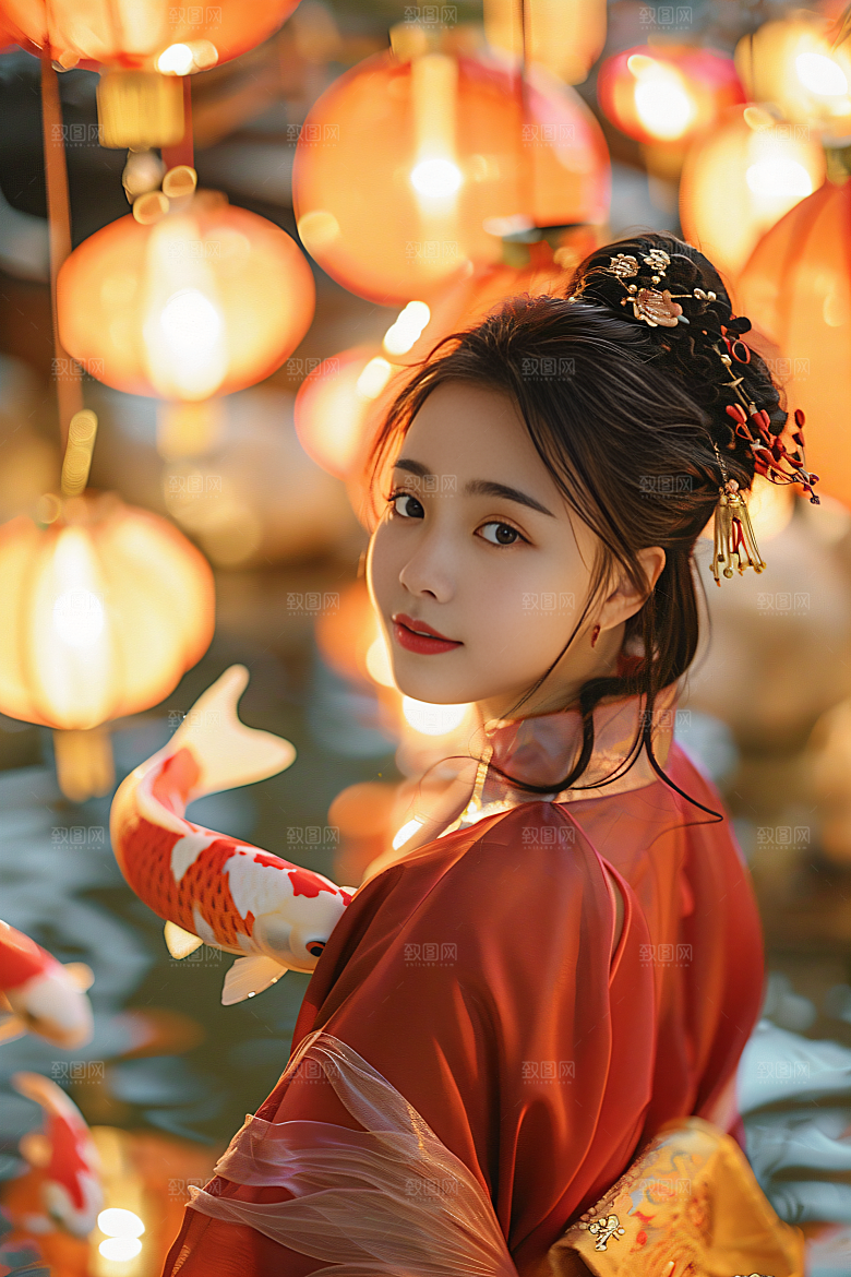 锦鲤汉服美女肖像古风素材