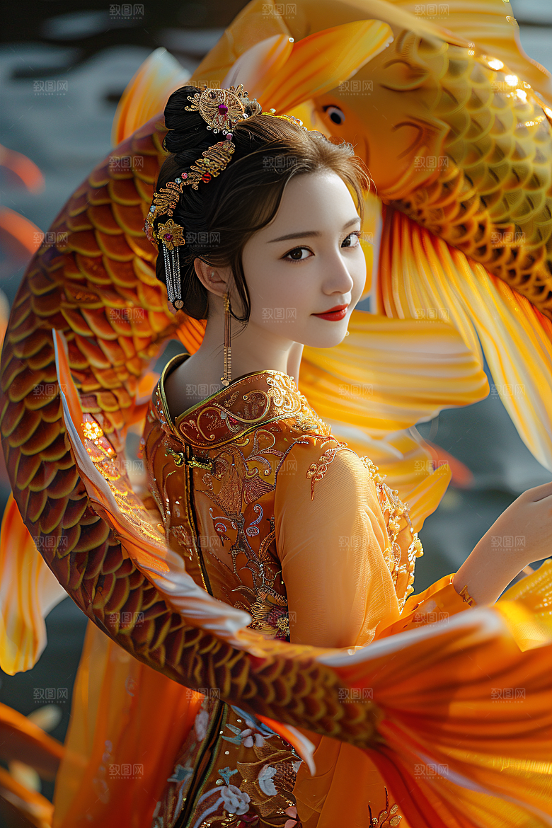 锦鲤汉服美女古风唯美素材