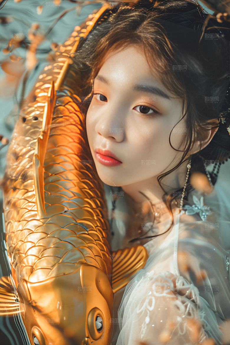 锦鲤汉服美女肖像吉祥素材