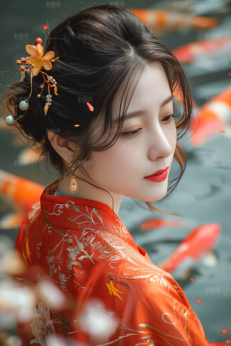 锦鲤汉服美女高清金鱼素材