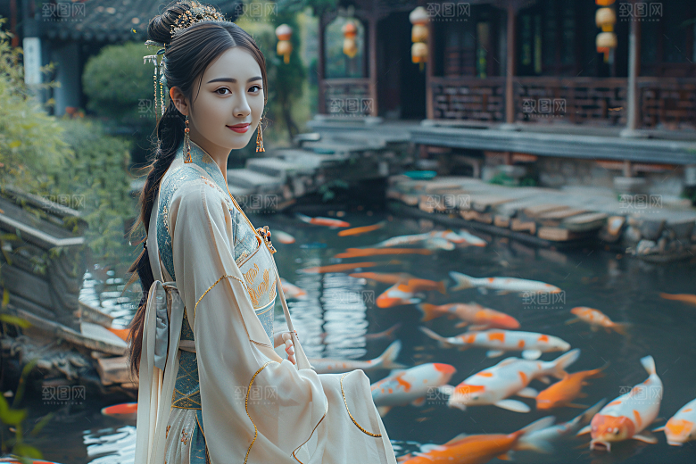 锦鲤汉服美女吉祥精致素材