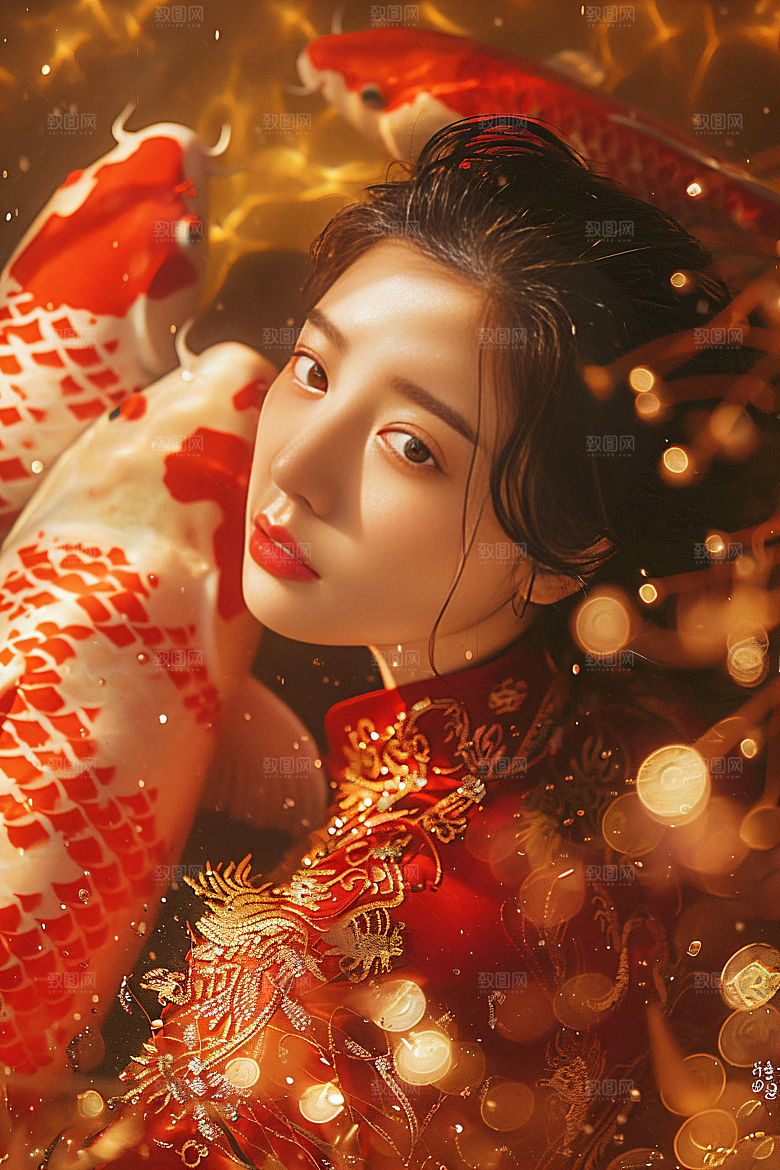 锦鲤汉服美女古风唯美素材
