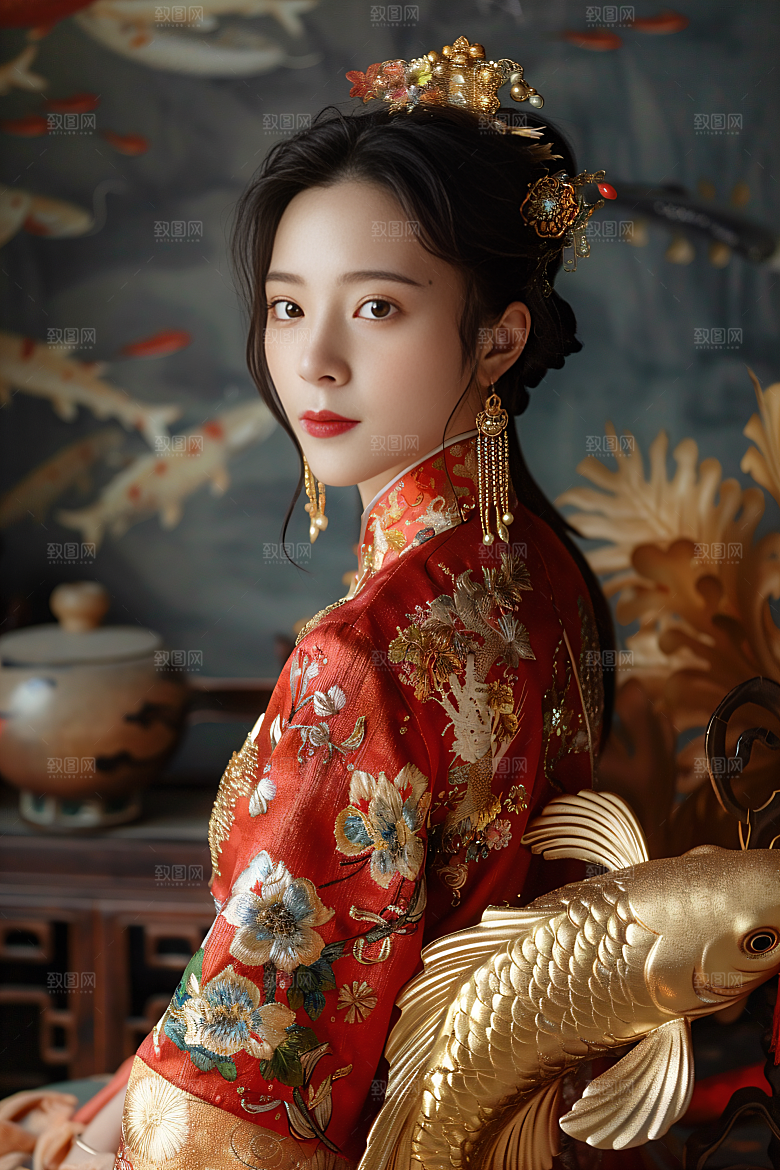 锦鲤汉服美女吉祥肖像素材