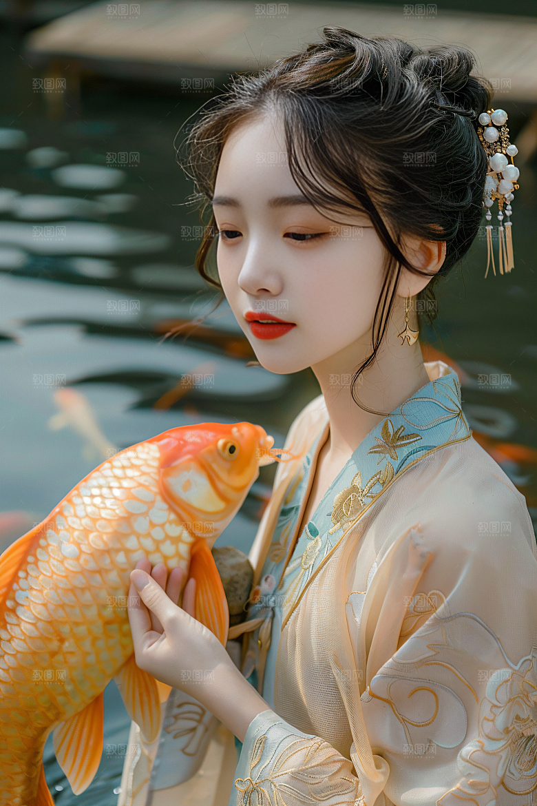 锦鲤汉服美女吉祥古风素材