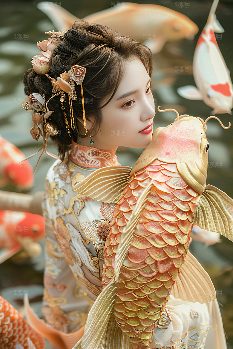 锦鲤汉服美女高清吉祥素材