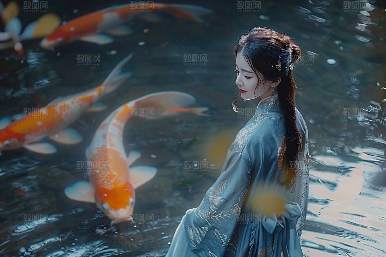 锦鲤汉服美女金鱼传统素材