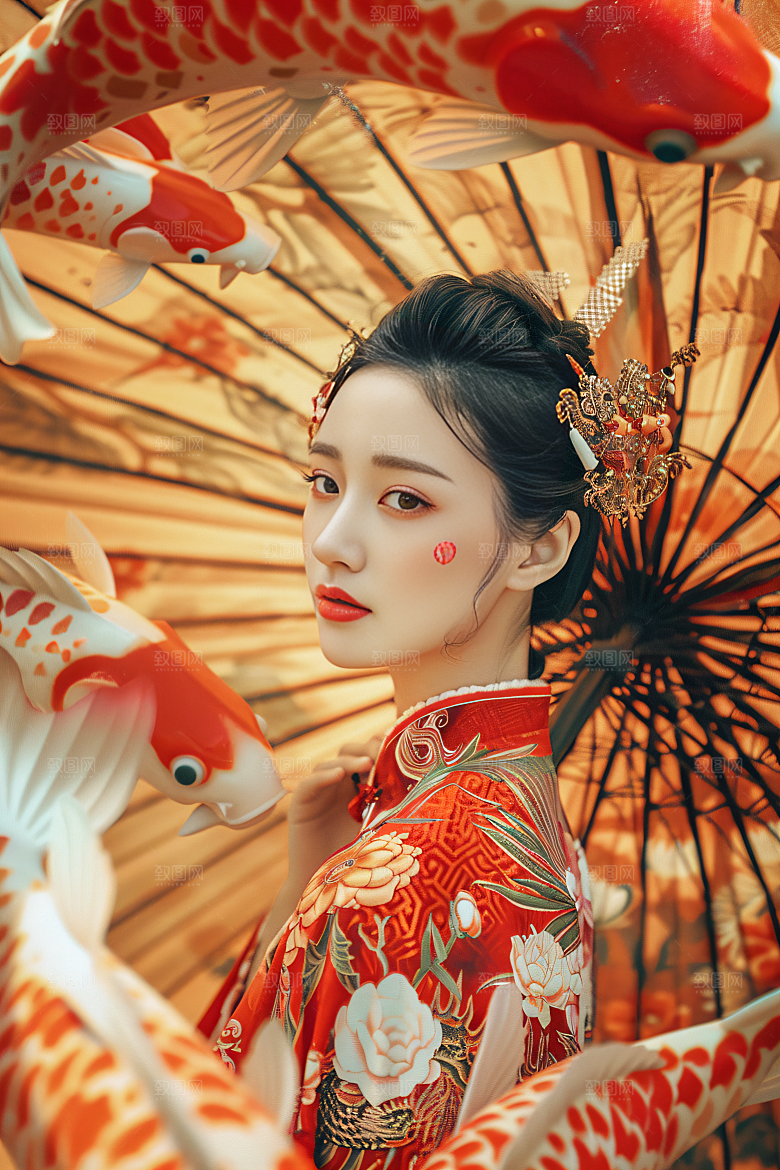 锦鲤汉服美女精致人像素材