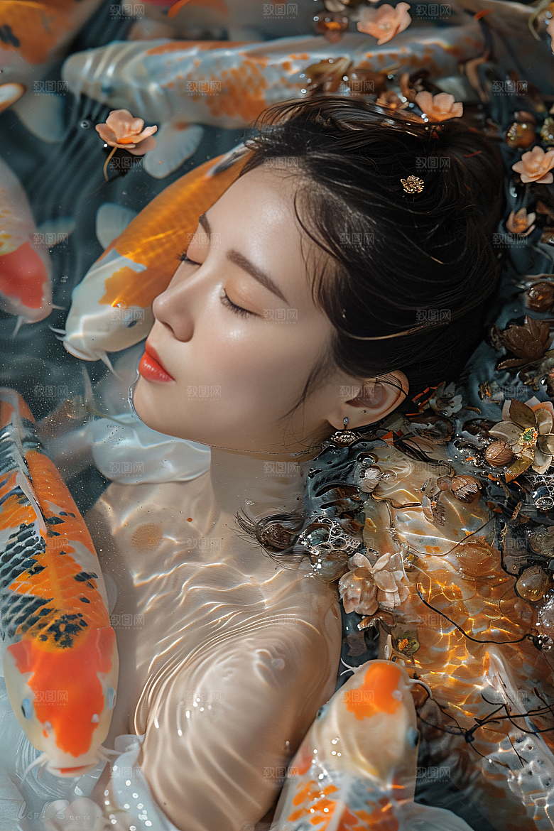 锦鲤汉服美女精致唯美素材