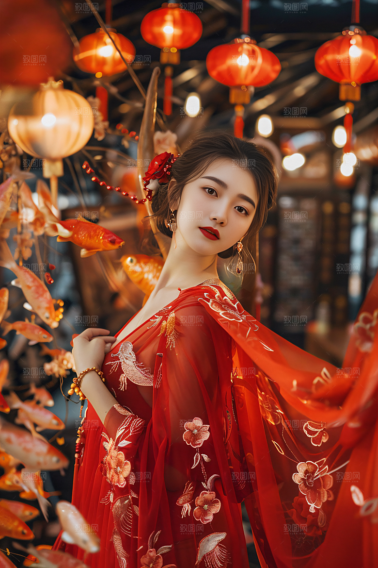 锦鲤汉服美女唯美精致素材