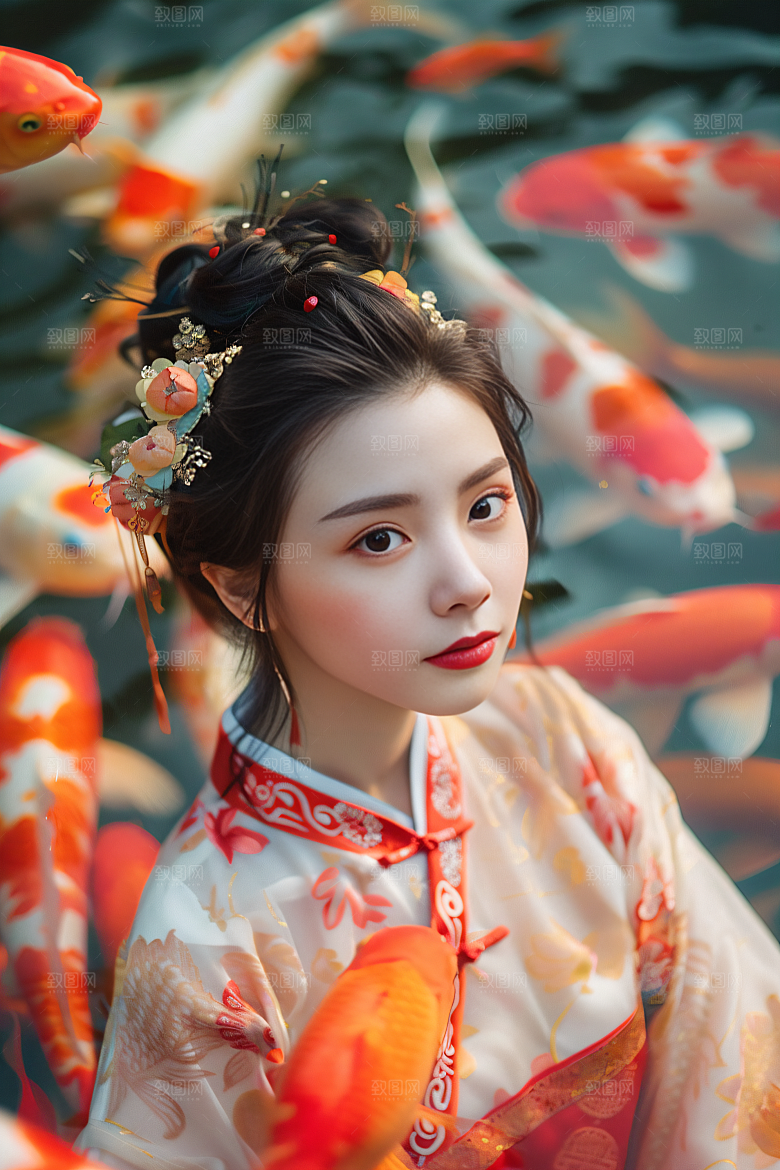锦鲤汉服美女精致中国风素材
