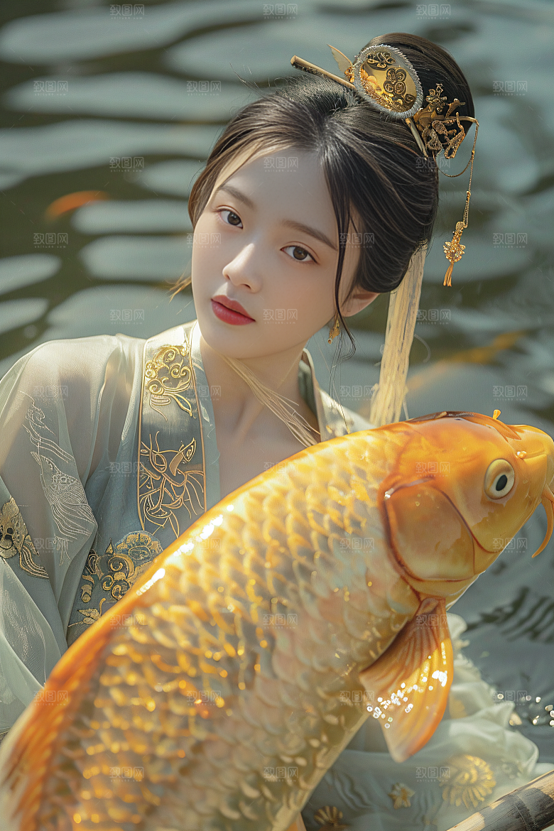 锦鲤汉服美女唯美古风素材