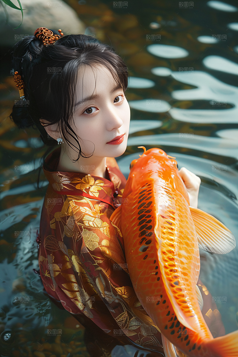 锦鲤汉服美女中国风古风素材