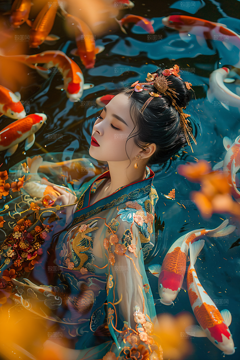 锦鲤汉服美女唯美古风素材