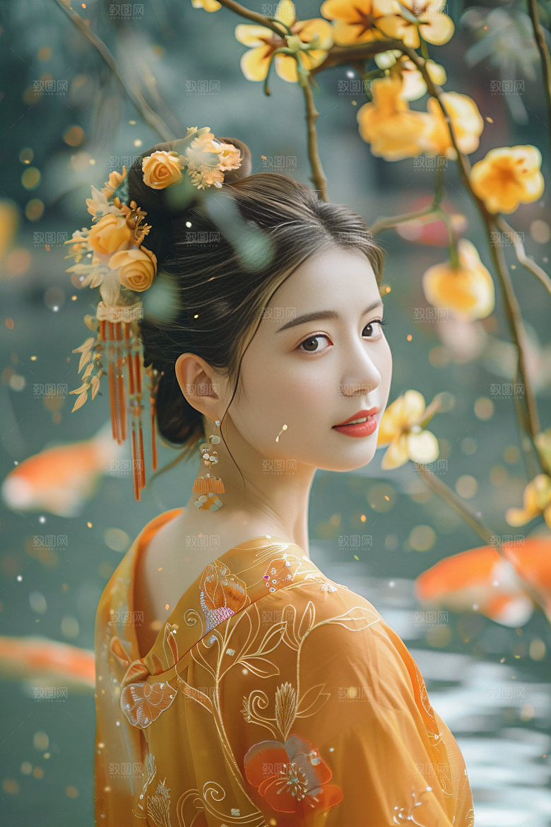 锦鲤汉服美女古风唯美素材