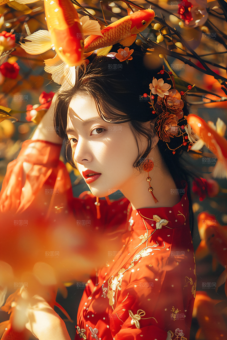 锦鲤汉服美女精致古风素材