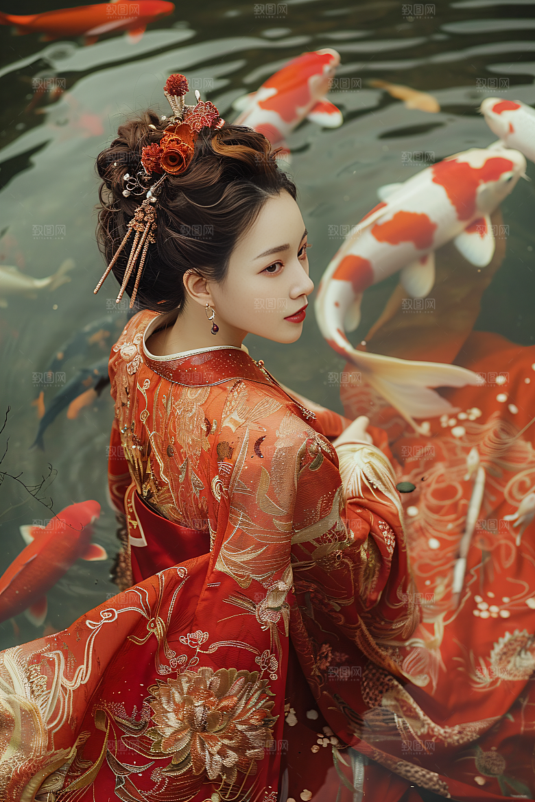 锦鲤汉服美女唯美高清素材