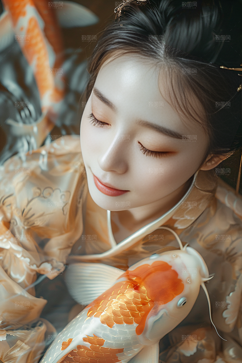 锦鲤汉服美女唯美吉祥素材