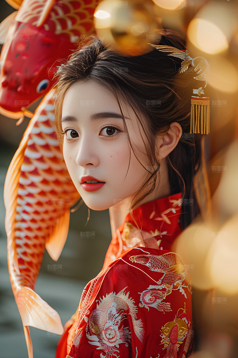 锦鲤汉服美女高清肖像素材