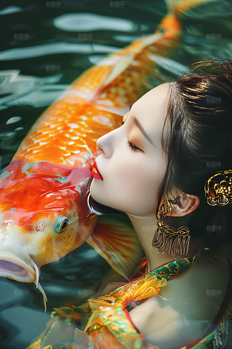 锦鲤汉服美女吉祥高清素材