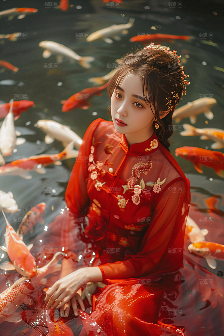 锦鲤汉服美女唯美金鱼素材