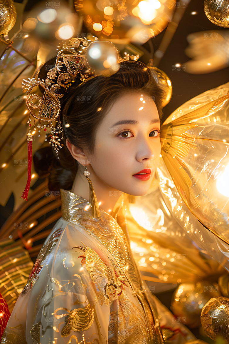 锦鲤汉服美女古风传统素材