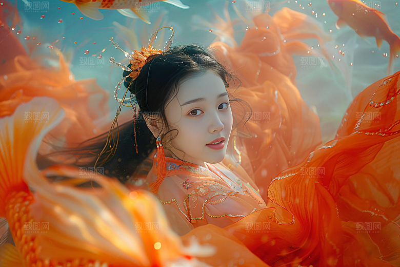 锦鲤汉服美女优雅吉祥素材