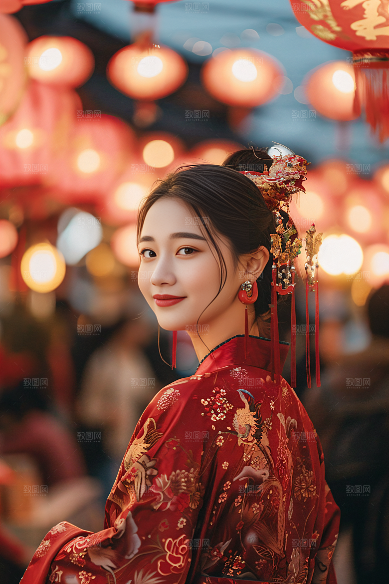 锦鲤汉服美女唯美高清素材