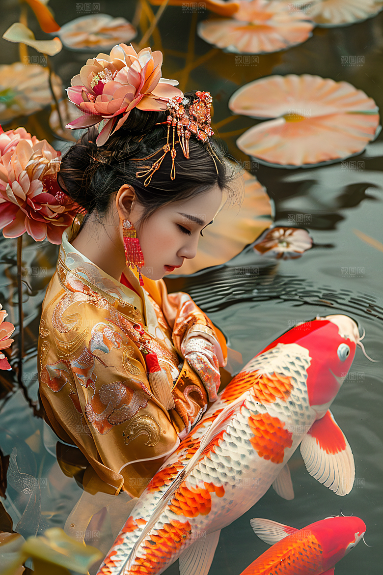 锦鲤汉服美女肖像唯美素材