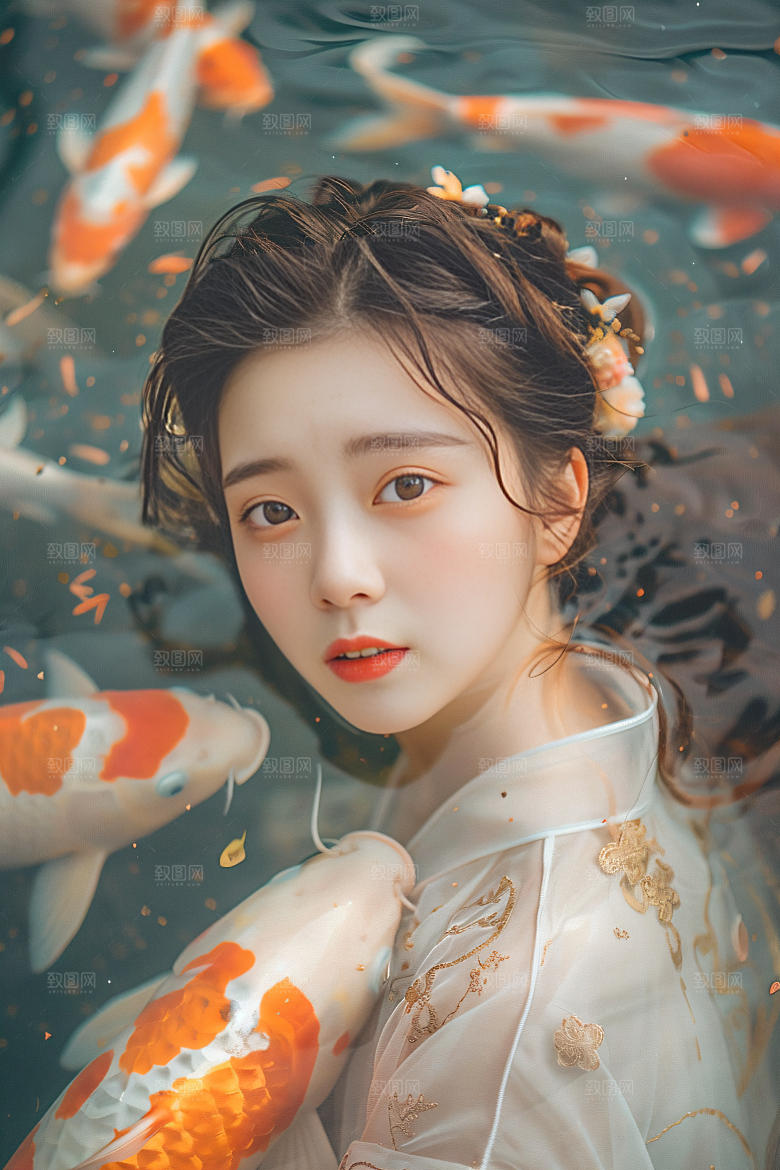 锦鲤汉服美女高清吉祥素材