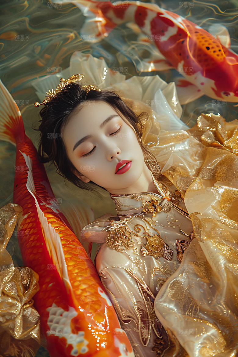 锦鲤汉服美女古风人像素材