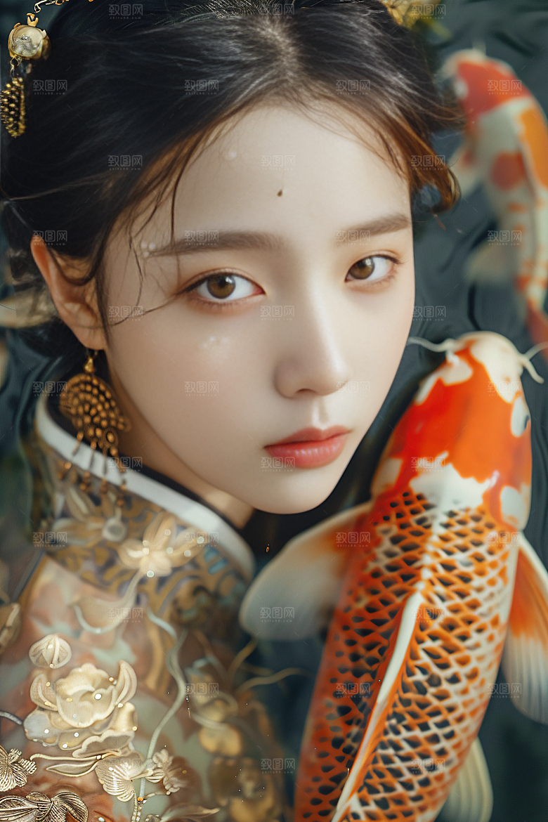 锦鲤汉服美女古风唯美素材
