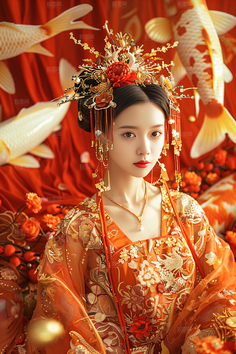 锦鲤汉服美女吉祥优雅素材