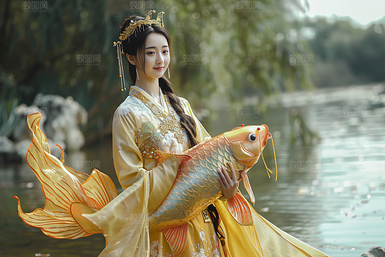 锦鲤汉服美女古风吉祥素材