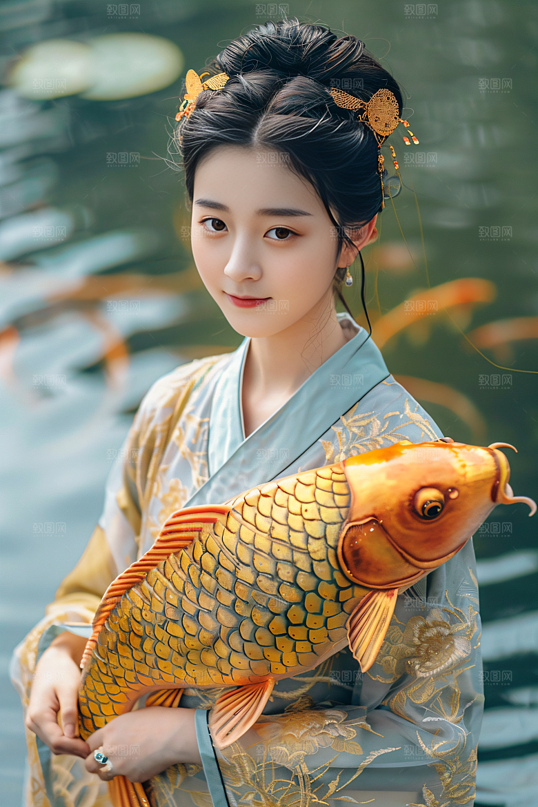 锦鲤汉服美女优雅吉祥素材