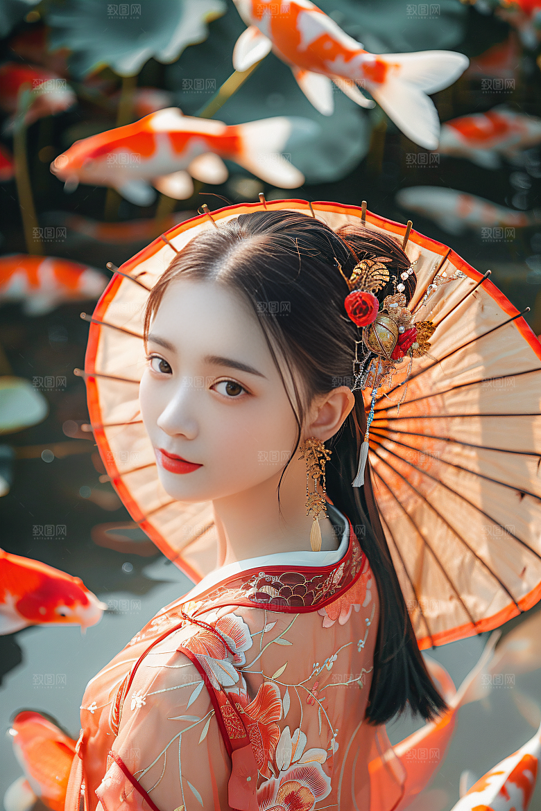 锦鲤汉服美女中国风古风素材