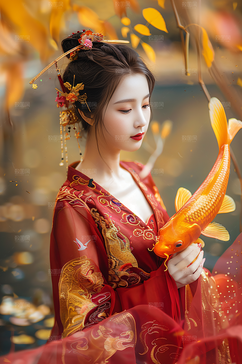 锦鲤汉服美女金鱼肖像素材