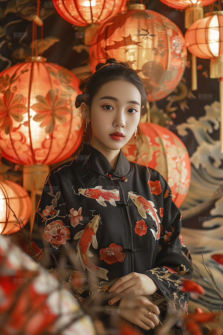 锦鲤汉服美女中国风唯美素材