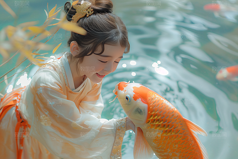 锦鲤汉服美女精致唯美素材